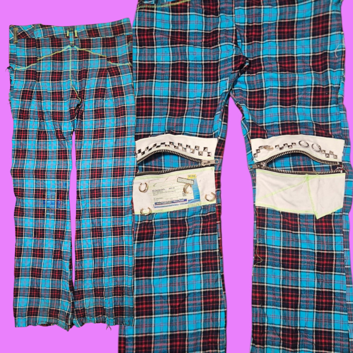 Script zipper knee trousers.